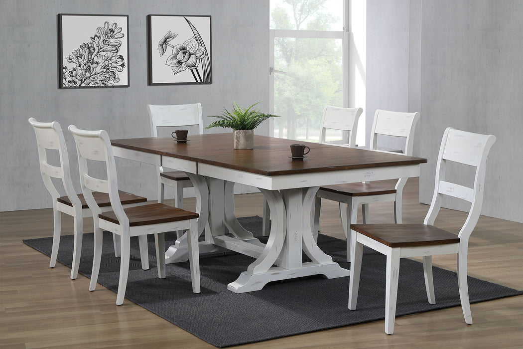 42"x64"x82" Double Pedestal Art Deco Distressed Cocoa Brown & Cotton White  Dining Side Set