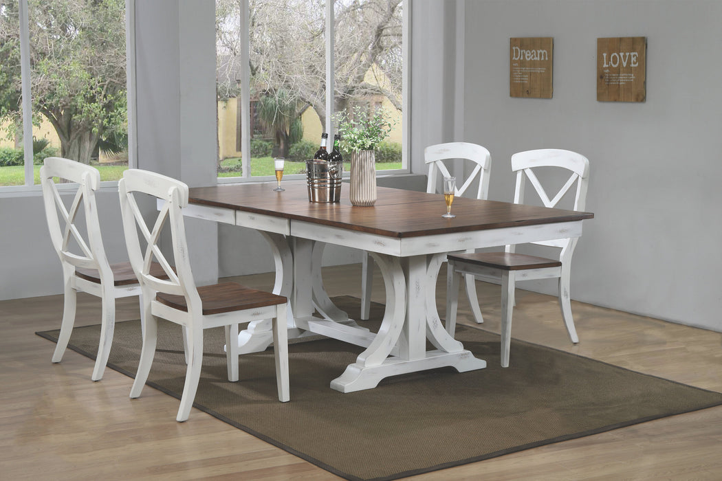 Iconic Furniture Co 42"x64"x82" Double Pedestal Deco Distressed Cocoa Brown/ Cotton White Transitional X-Back 7-Piece Dining Set