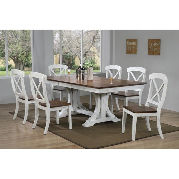 Iconic Furniture Co 42"x64"x82" Double Pedestal Deco Distressed Cocoa Brown/ Cotton White Transitional X-Back 7-Piece Dining Set