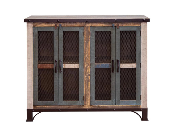 Antique Multicolor 48" Console w/4 Iron Mesh Door Panels and Middle Shelf