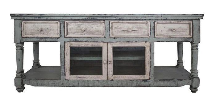 Aruba 70" TV Stand in Sky Blue Finish, w/4 white drawers and 2 white doors