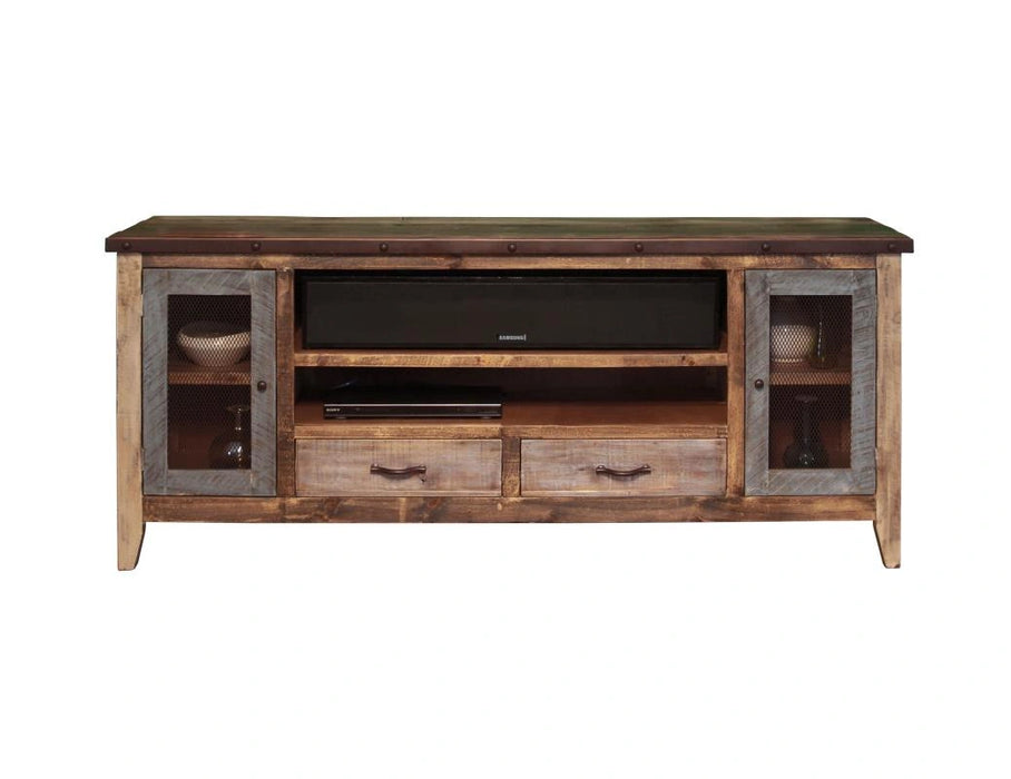 Antique Multicolor 76"TV Stand w/2 drawers and 2 iron mesh doors