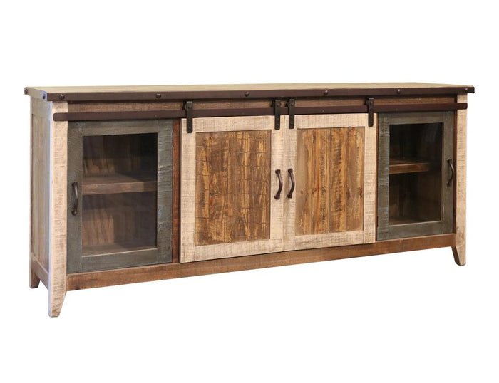 Antique Multicolor 80" TV Stand w/2 Glass doors w/1 middle shelf, 2 Sliding doors, w/2 shelves