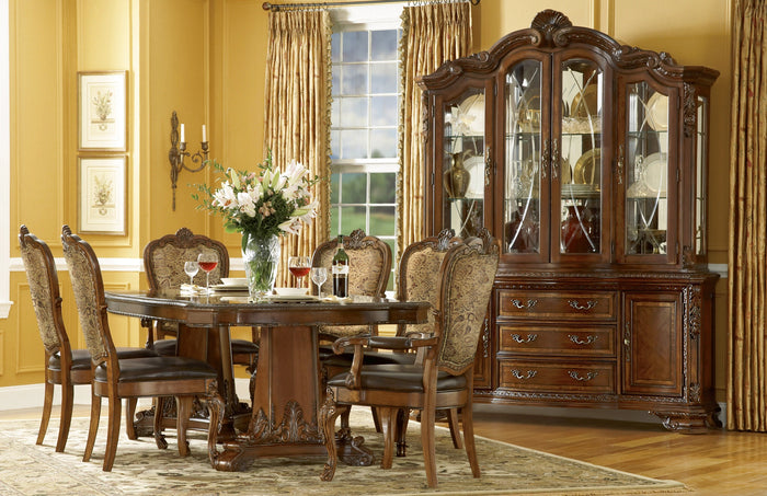 Old World Dining 7Pc Pedestal Table With Upholstered Chair Set