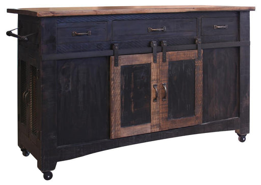 Pueblo Black 3 Drawer Kitchen Island w/2 sliding doors, 2 Mesh doors on each side - functional casters - Black and Brown Finish image