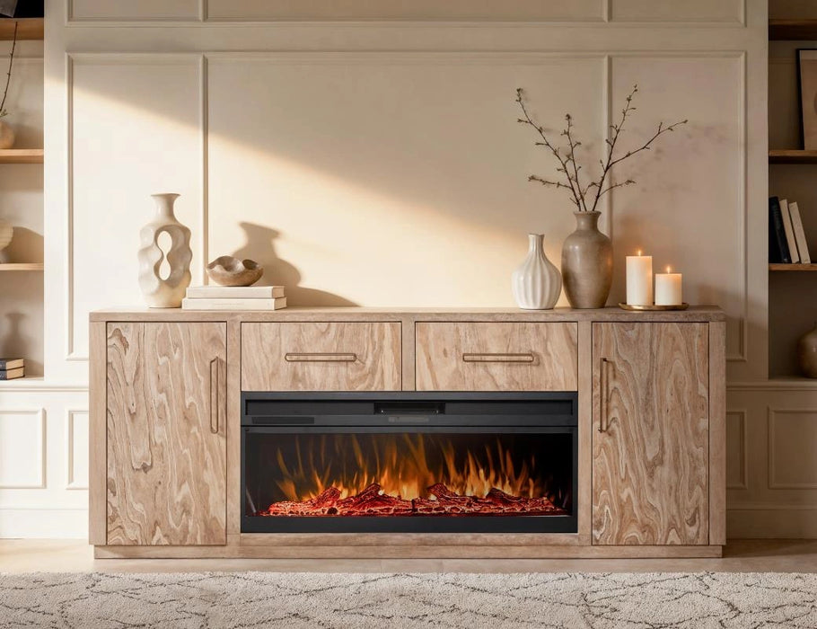 White Balam Wall Unit, TV Stand 80" with Electric Fireplace Insert