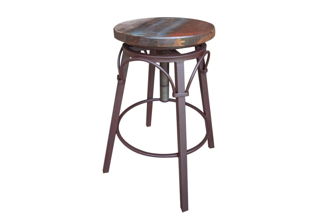 Antique Multicolor 24-30" Adjustable Swivel Stool, wooden seat, straight leg