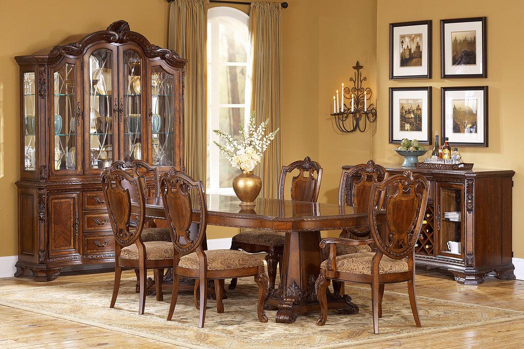 Old World 8Pc Dining Pedestal Table Set With China Cabinet
