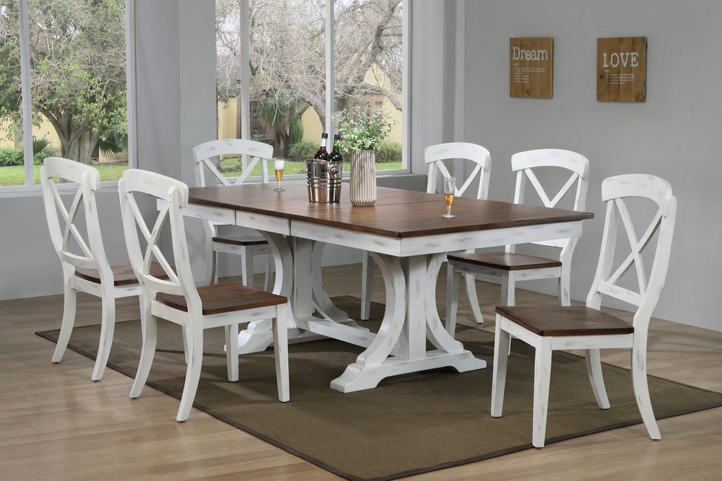 42"x64"x82" Double Pedestal Deco Distressed Cocoa Brown/ Cotton White Transitional X-Back Dining Set