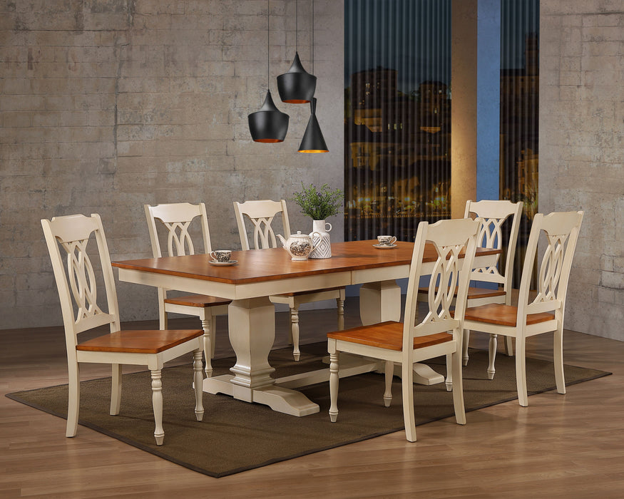42"x64"x82" Double Pedestal Transitional Antiqued Caramel/Biscotti Traditional Back  Dining Set
