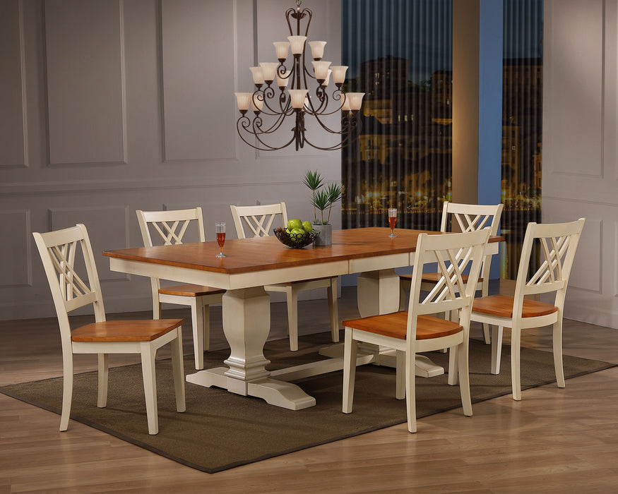 42"x64"x82" Double Pedestal Transitional Antiqued Caramel/Biscotti Double X-Back  Dining Set