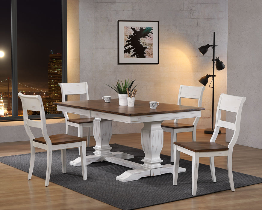 42"x64"x82" Double Pedestal Transitional Distressed Cocoa Brown/ Cotton White Dining Side Chair  Set