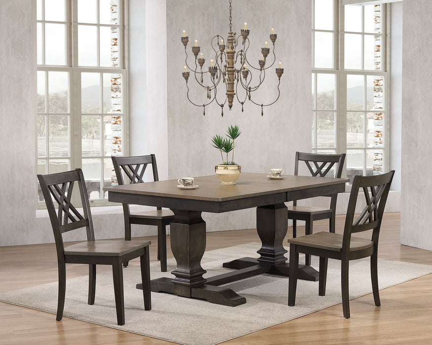42"x64"x82" Double Pedestal Transitional Antiqued Caramel/Biscotti Double X-Back  Dining Set